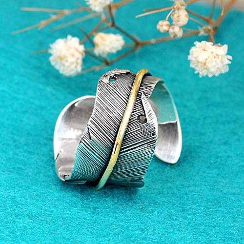 Boho-Magic 925 Sterling Silver And Brass Leaf Adjustable Ring For Women, Cool Plain Simple Open Wrap Feather Ring Size 7-10 #TOP5