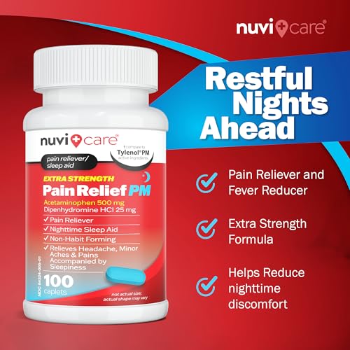 Image of NUVICARE Pain Relief PM, Acetaminophen 500mg & Diphenhydramine 25mg, 100Ct | Compares to Tylenol PM; relieves nighttime aches, pains & headache while helping you fall asleep, extra strength, sleep aid
