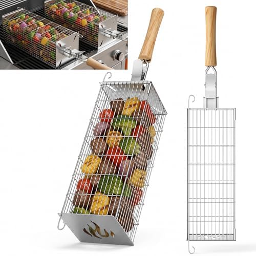 TNTOR 2er Set Grillkorb quadratisch, 304 Edelstahl mit abnehmbarem Holzgriff, großes Volumen, ideal für Gasgrill, Holzkohle, Camping, BBQ Zubehör für Gemüse & Fleisch, Geschenkidee