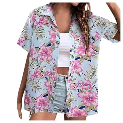 Camisa Hawaiana para Mujer Casual Verano Estampado Tropical Camisas Playa Vacaciones Manga Corta Camisa con Botones Clásico Tallas Grandes Blusa para Uso Diario