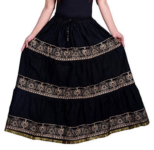 devil Women's Cotton Jaipuri Block Print Self Design Flared Long Skirt (Black; Free Size)-picture-20