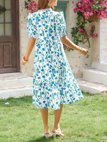 Image of Wenrine Womens Summer Midi Dress Casual Floral Puff Short Sleeve V Neck Swing Flowy Boho Beach Dresses with Pockets