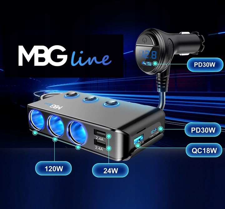 Ładowarka USB multiport| Rozdzielacz gniazda zapalniczki samochodowej HC67C 120W | 3 Gniazda 12V z włącznikami i woltomierzem, Adapter do pojazdów