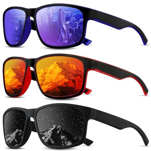 Square Polarized Sunglasses for Men and Women, Mens Sunglasses UV Protection with Lightweight Frame Sun Glasses A09-grey/Dark Blue/Red