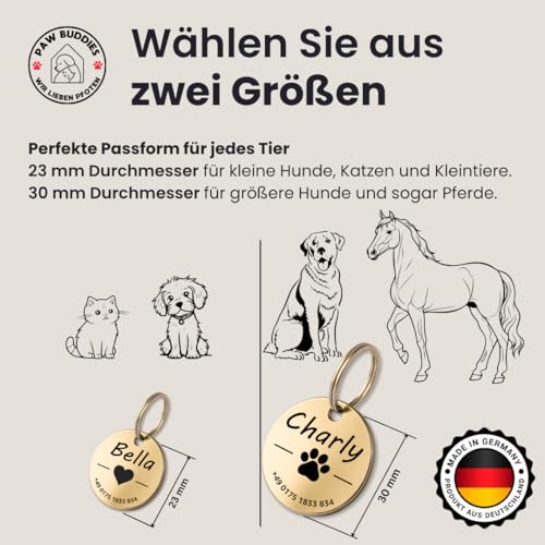 Hundemarke mit Gravur - Personalisiert - Edelstahl - ⌀30mm - Gold - Namensschild für Halsband - Dog Tag - Anhänger Marke für Hunde - mit Symbolauswahl - Tiermarke für Hunde, Katzen, Welpen, Pferde