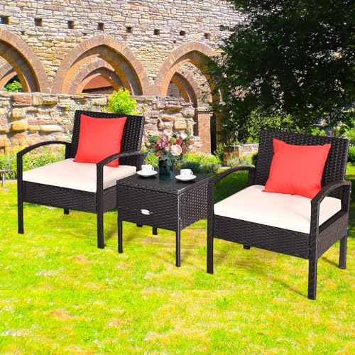 LIFEZEAL Juego de Muebles de jardín de poliratán, 3 Piezas, Conjunto de sillas de balcón con Mesa de ratán, Grupo de Asientos de jardín con Cojines de Asiento para Piscina y terraza - imagen 2