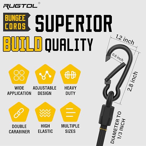 Image of Rugtol Bungee Cords with Hooks, Upgrade 12pcs Assortment Heavy Duty Outdoor with 48'' Adjustable Bungee Cords Carabiner Black, 6'' Canopy Tarp Ball Ties and Tarp Clips for Tents, Cargo, Camping