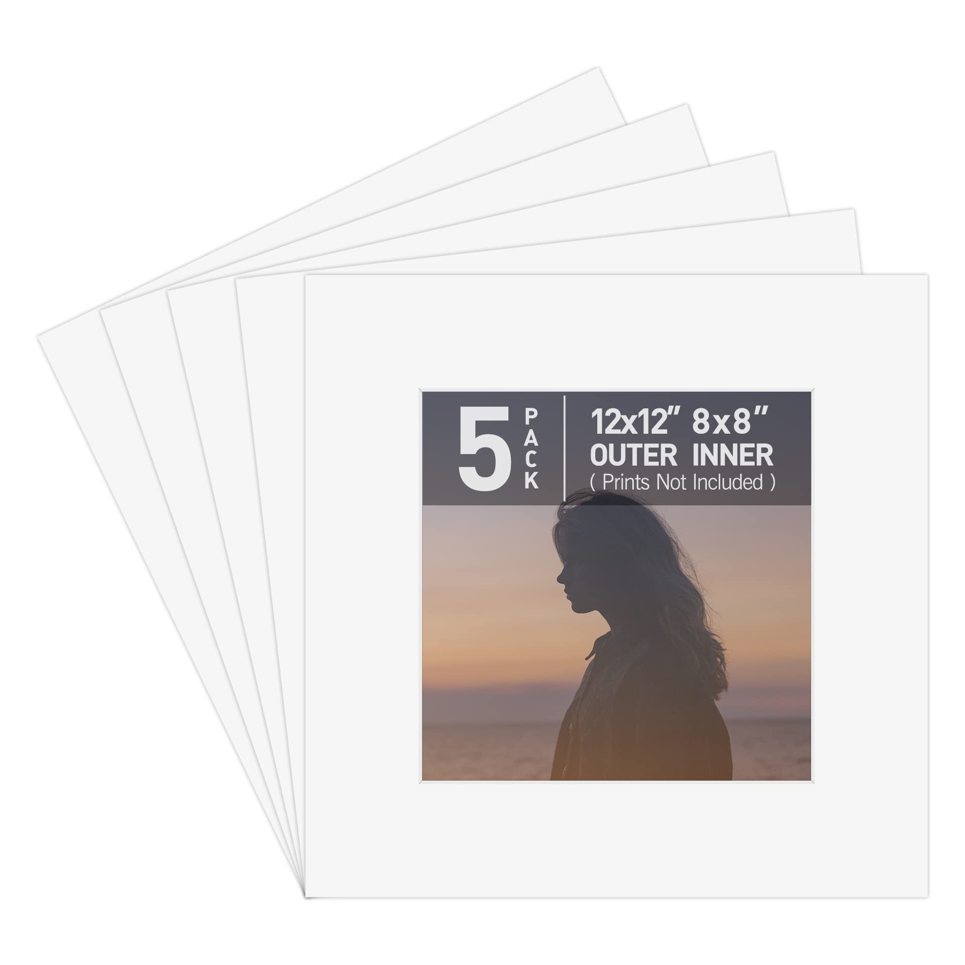 Golden State Art, Pack of 5 Acid Free Bevel Cut 4-Ply Thickness White Core Picture Mats for Photos (White, 12x12 for 8x8 Photo)