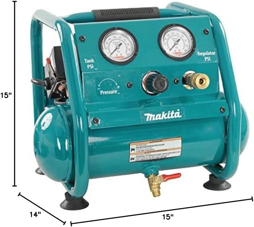 Diagram showing the dimensions of the Makita AC001 Compact Air Compressor: 14 inches length, 15 inches width, 15 inches height.