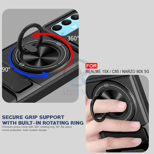 Image of AESTMO Realme 15X / C85 / Narzo 90X 5G Back Cover | Armor Camera Slider 360 Degree Rotating Finger Ring Holder Case with Bracket Stand Back Case Cover (Compatible with MagSafe Accessories) (Black)