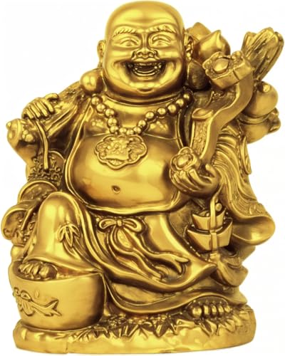 Image of TIED RIBBONS Decorative Good Plated Luck Laughing Buddha Idol Statue Showpiece (Resin, 13 cm X 12 cm) Fengshui Items for Good Luck Money Positive Energy Good Health Room Bedroom Office Table
