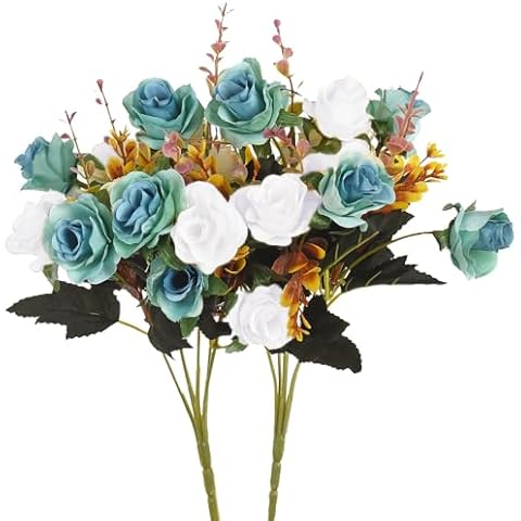 Moomass Artificial Flowers,2 Packs of Artificial Roses.24 Little Rose Silk Flowers. Plastic Flowers,Plants for Home Hotel Wedding Christmas Tables Decorations. Peacock Green Cover
