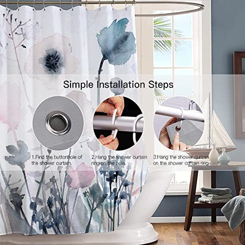Decoreagy Floral Shower Curtain,Beige Pink Flowers Bathroom Shower Curtains,Watercolor Blue Wildflower Plant Bath Curtain Set With 12 Hooks 72X72In,Waterproof Polyester Fabric #TOP3
