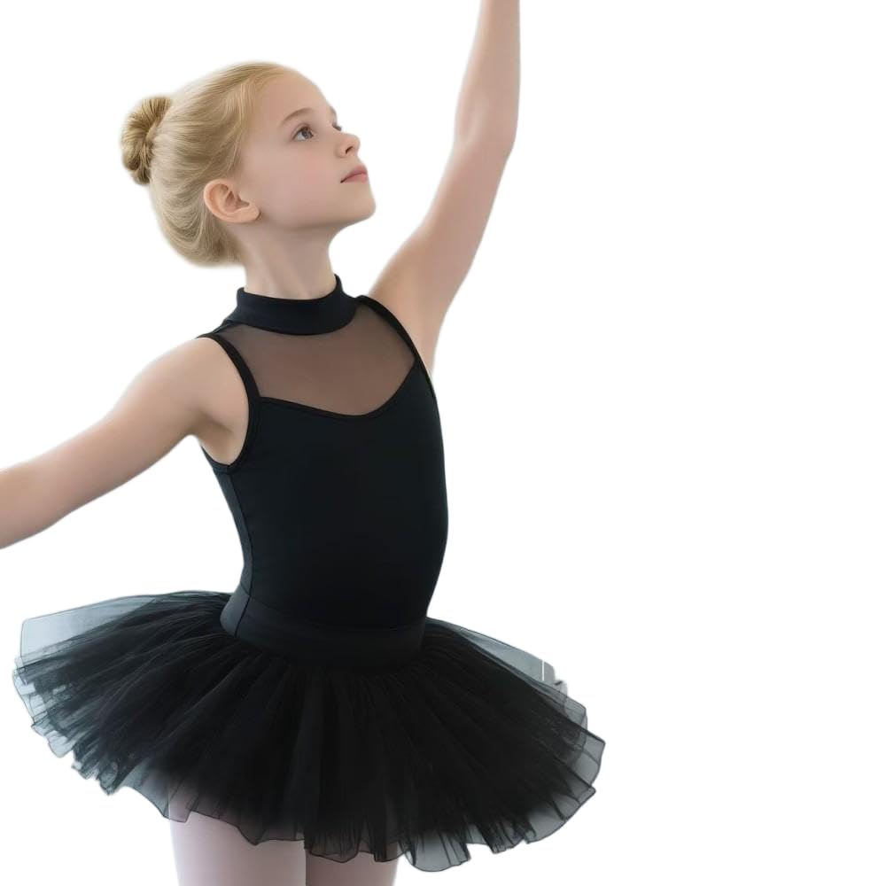 JJDFW - Body a maniche lunghe da bambina, per danza classica, ginnastica, danza, gonna in rete con grande schiena cava e fodera morbida