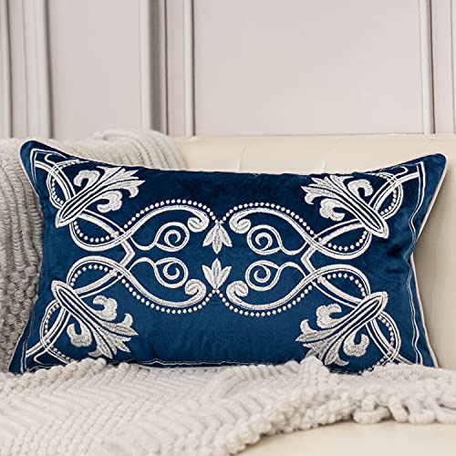 Aeckself European Lumbar Floral Lumbar Cushion Covers Decorative Refined Embroidered Velvet Cushion Covers for Sofa Bedroom Living Room 12x20 Navy Blue White