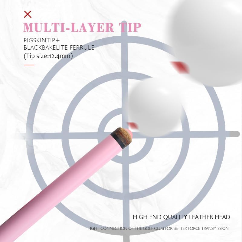 Miniatura 5 de Elegante taco de piscina profesional rosa para mujer, eje de fibra de carbono y agarre de cuero, punta de baja desviación de 0.488 in