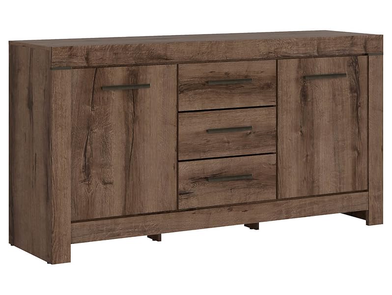 PEGANE Commode Buffet à 2 Portes et 3 tiroirs, Coloris Chêne Marron foncé - Longueur 160 x Profondeur 45 x Hauteur 85 cm