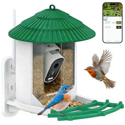 Smart Bird Feeder Camera with 1080p HD Resolution 5200mAh Bird Feeding Stations with Wi-Fi camera and Solar Powered AI Identify Birds IP65 Night Vision Notifications Automatic Video Recording