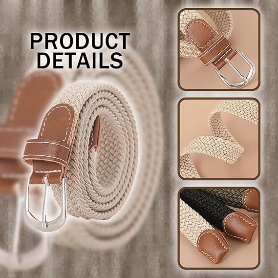 Women's Belts,Womens Stretch Canvas Braided Belt,Womens Belt Casual Braided,Slender Canvas Belt,Ladies Belts for Jeans,Elastic Fabric Woven Stretch Elasticated Belts,2 cm Wide,One Size(2 pcs)3