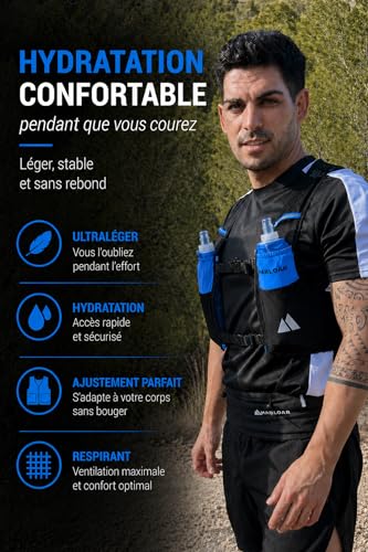 MARLOAR Gilet hydratation - Sac hydratation Running, 2 flasques Souples 500ml incluses, léger et Respirant, Trail et Course à Pied (Noir ET Bleu, M) – vue 2