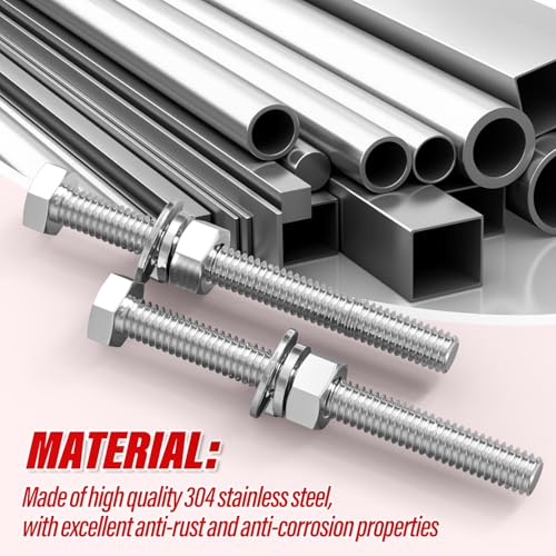 Image of 5PCS 1 /2-13 x 5 304 Stainless Steel External Hex Bolt, Fully Threaded Bolt with Nut Flat & Lock Washers and Spanner