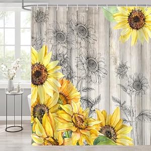 Sunflower Shower Curtain Rustic Yellow Flower Floral Shower Curtain Set Farmhouse Country Vintage Wooden Plank Fabric Bathtub Curtains Bathroom Decor Polyester Waterproof with 12 Hooks72x72 Inch