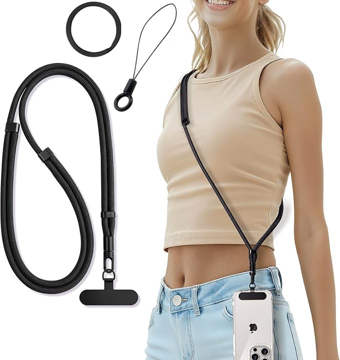 Casecret Handykette Universal Verstellbar Handyband zum Umhängen Handy Kette Lanyard Umhängeband für Damen Herren mit Patch Kordel für iPhone Samsung Xiaomi Sport Reise Outdoor Angenehm Schwarz