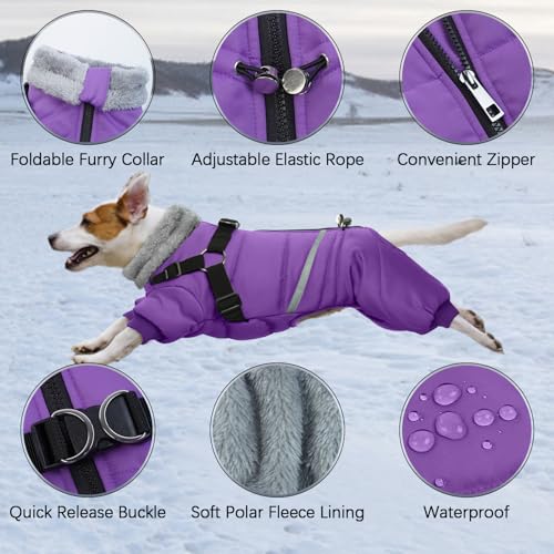 Image of BRKURLEG Purple Dog Coat with Harness, Dog Winter Jacket, Dogs Onesie Body Warm Jackets, Small Medium Dogs Winter Coats Reflective Windproof Warm Cold Weather Coats, Pet Waterproof Jacket, XXL