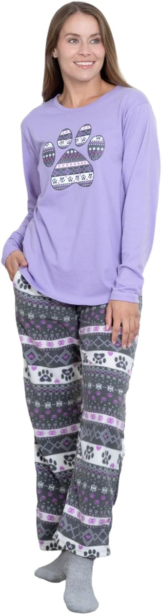 GreaterGood Nordic Paws Pajama Set for Women Long Sleeve Top Fleece Pants with Pockets Cozy Winter Animal Print Sleepwear