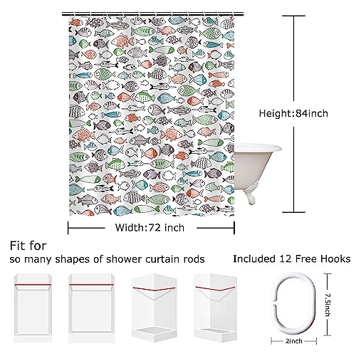 Image of RosieLily Colorful Fishes Shower Curtain, Kids Shower Curtains Set with 12 Hooks, Waterproof Shower Curtain for Bathroom, 72 x 78 Inch, Cartoon Fun Fishes Ocean Animals Bath Curtains