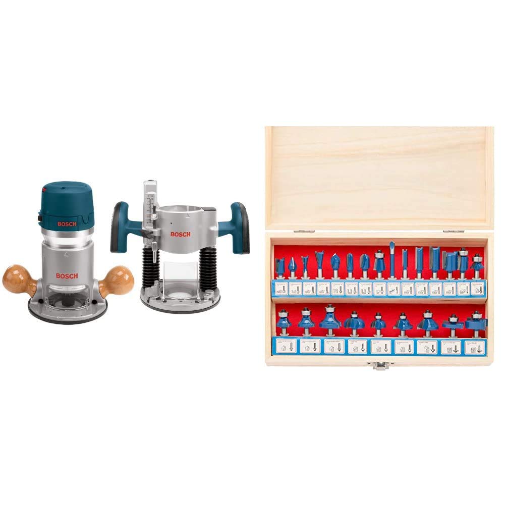 Bosch 1617EVSPK Wood Router Tool Combo Kit & Fixed Base Router Kit with a Variable Speed 12 Amp Motor & Hiltex 10108 Tungsten Carbide Router Bit Set, 24 Piece | 1/4-Inch Shank, Blue