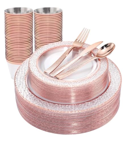 Ciaell 150PCS Rose Gold Plastic Plates Disposable Plates with Rose Gold Plastic Silverware include 50Plates 25Forks 25Knives 25Spoons 25Cups for Wedding & Party
