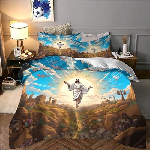 Drap de couette Jésus 3D religieux microfibre 220x240cm avec 2 taies d'oreiller