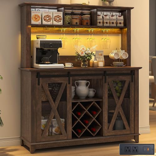 Image of 47 inchWide 56 inchH Farmhouse Coffee Bar Cabinet with Power Outlet and LED Light,Wine Bar Cabinet w /3 Storage Hutch,Kitchen Buffet Cabinet with 10 Wine and Glass Racks for Kitchen Dining Room(Brown)