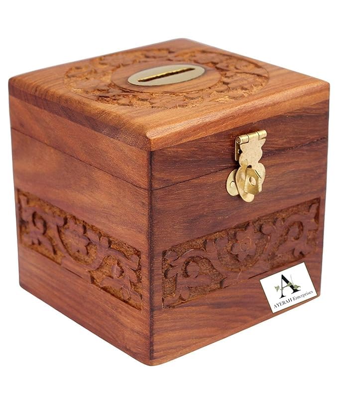 Murad Enterprises Wooden Money BankHand Carved Design for Coins Notes (12 * 11 * 11 Cm) (B0D92SBTGK) Amazon Price History, Amazon Price Tracker