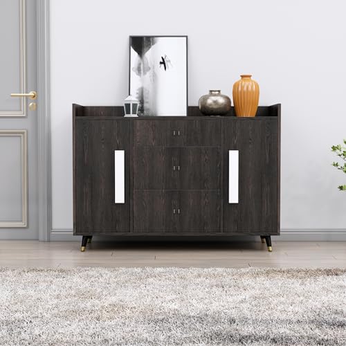 Image of Bniture Wooden Sideboard Cabinet for Living Room | Wooden Storage Cabinet with 2 Door & 3 Drawer | Engineered Wood Multipurpose Cabinet with Spacious Shelves for Home & Office | Flower Wenge