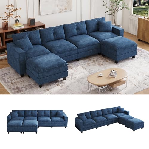 Image of 137 inch,U Shaped Couch,Modern Modular Sectional Sofa, 4-Seater Comfy Cloud Couch with Two Movable Ottoman & Throw Pillows for Living Room, Bedroom and Apartment, Dark Blue