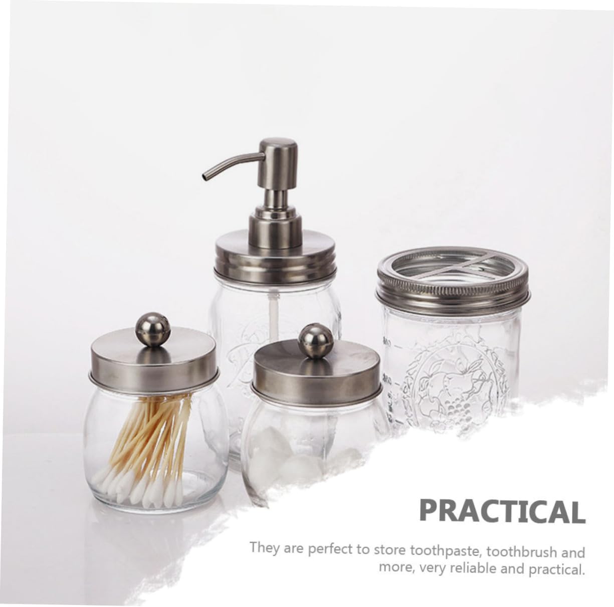 Mason Jar Bathroom Accessory Set 4-Piece Toothbrush Cup and Lotion Bottle Holder Glass Swab Storage for Home Use Sturdy and Practical Gargle Cup Set