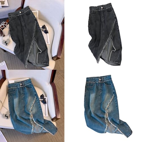 Women's Casual High Waist Denims Skirt Split Raws Trim Jean Skirts Irregular A Line Skirt2