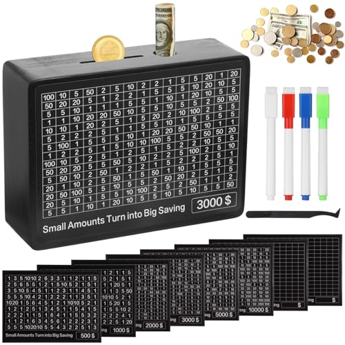 Tideme Cash Vault Wooden Money Box - Cashbox Kakeibo Money Saving Box with 8 Saving Targets,One Piece Cash Vault Wooden Savings Box 10000 Savings Challenge Box for Adults Kids Boys Girls (Black)