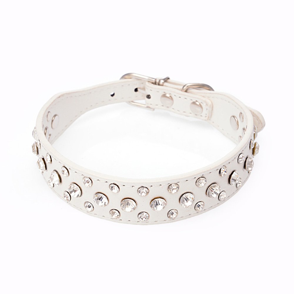 Dogs Kingdom 12"-20" Length Personalized Rhinestone Leather Bling Crystal Pet Dog Cat Collars for Small Medium Breeds White L