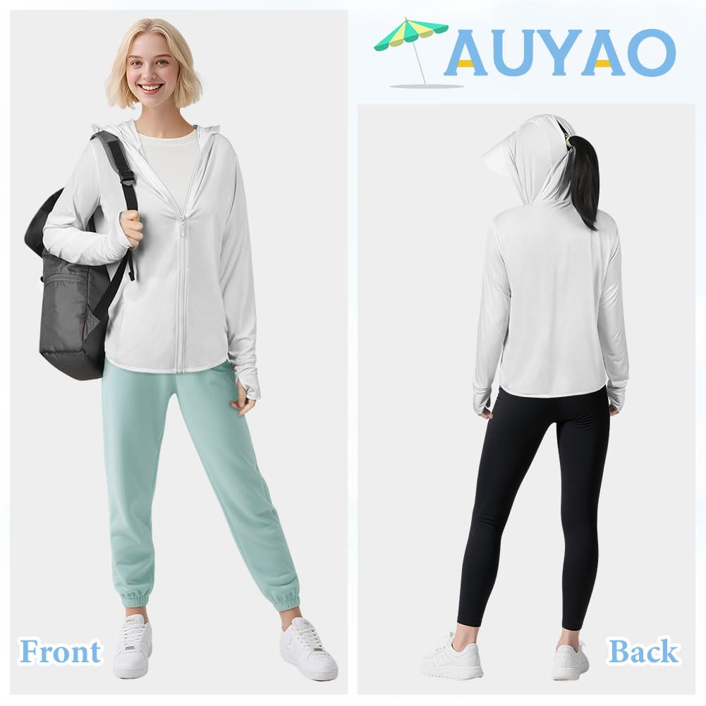 AUYAO Damska bluza z kapturem UV, damska bluza z długim rękawem, lekka bluza z zamkiem błyskawicznym, z kieszeniami, damska letnia kurtka sportowa UPF 50+, outdoorowa bluza anty-UV do fitnessu
