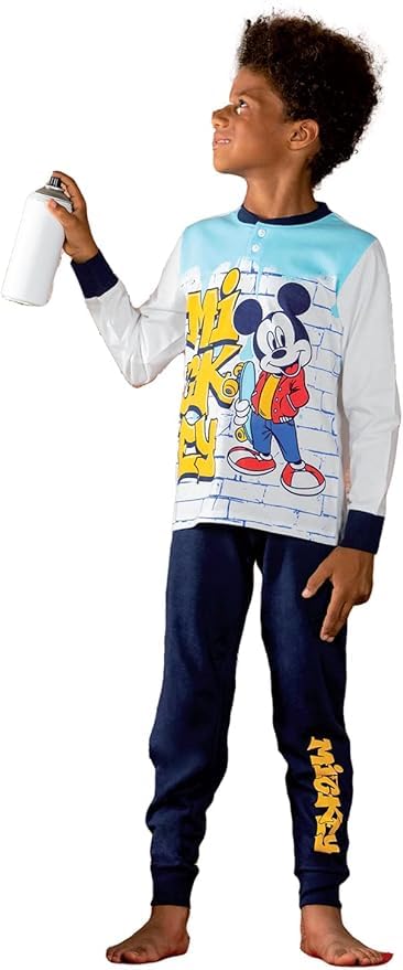 Sabor Pigiama Topolino Lungo a 2 Pezzi Mickey Mouse in Cotone da Bambino e Ragazzo Colore Navy MOD.7108 (5/6 Anni)