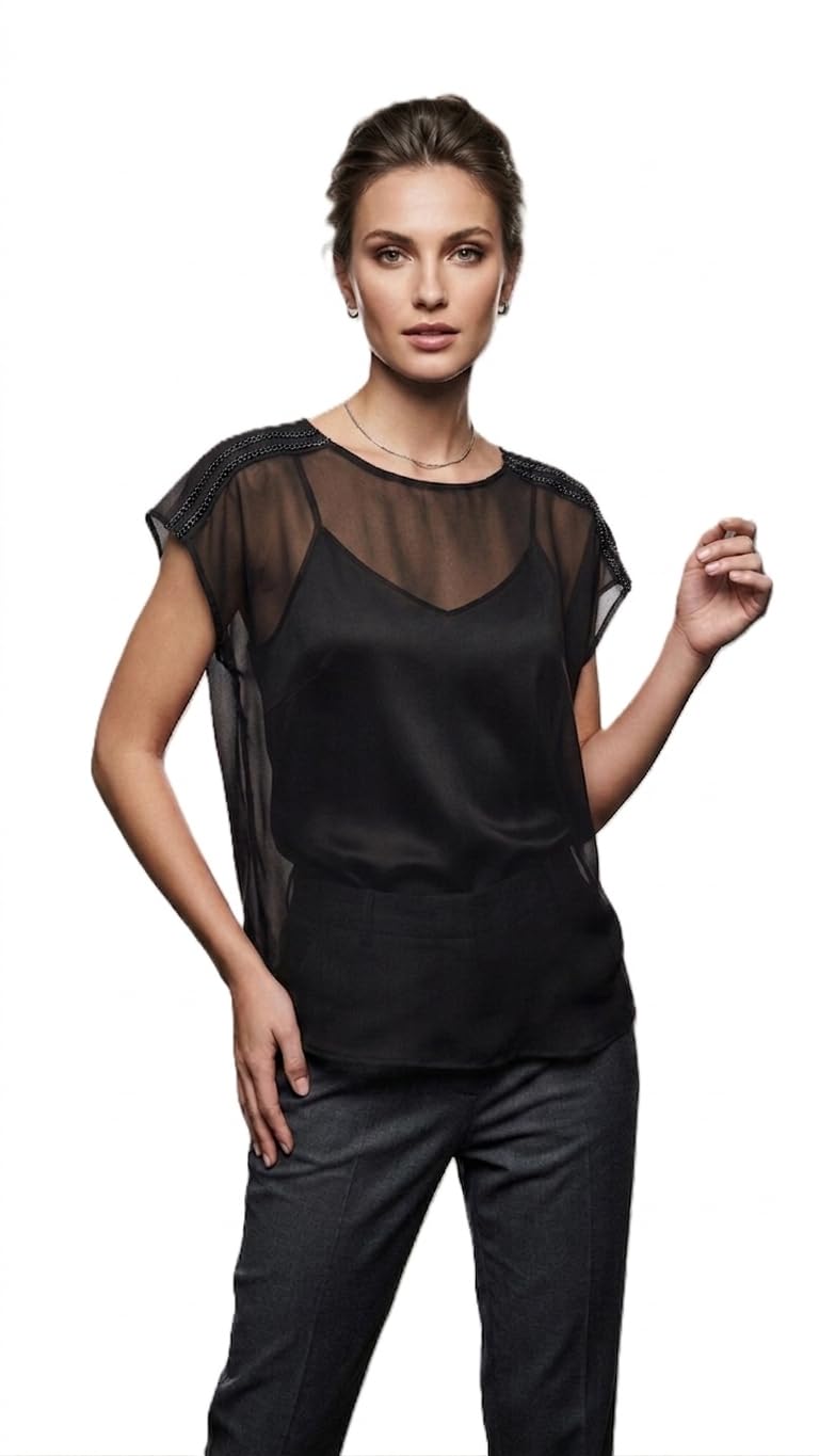 Women's Red Transparent Short Sleeve Top with Bead Trim Accent Net Top-picture-26