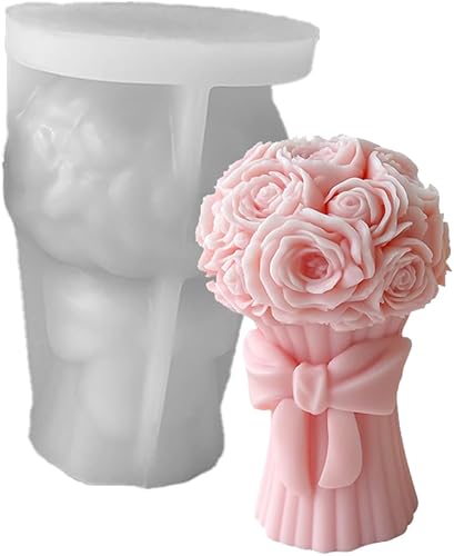 Conshvi Moldes de vela de ramo de rosas 3D de silicona, moldes de velas de pilar de flores para hacer velas, moldes para velas, recuerdos de boda,