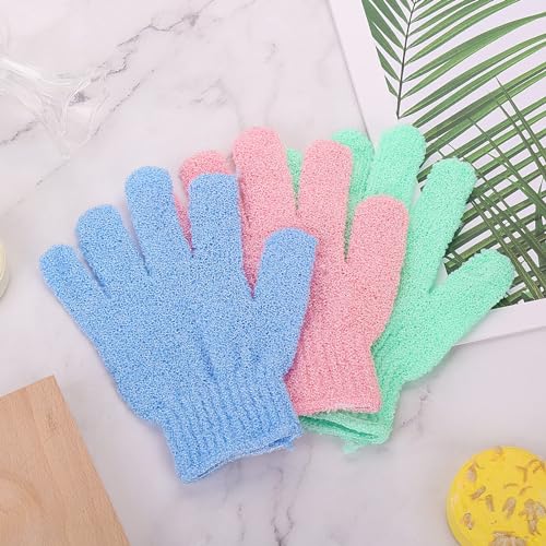 6Pcs Exfoliating Gloves - Bamboo Shower Gloves - Bath and Body Exfoliator Mitts - Scrubs Away Ingrown Hair and Dead Skin - for Shower, Spa, Massage and Dead Skin Cell Remover Loofah - Green,Blue,Pink - Image 8