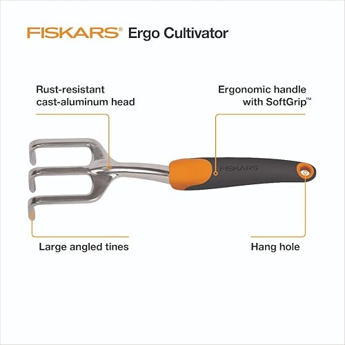 Miniatura 2 de Fiskars Ergo Cultivador para excavar, airear suelo y deshierbe, herramienta de jardín resistente con agujero para colgar