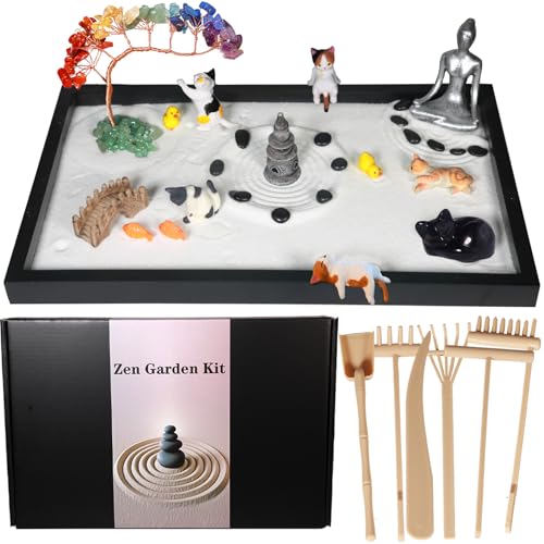 Dreamgirnh Zen Garden for Desk, with Crystals and Healing Stones & Cat Figurines, Miniature Meditation Sand Garden Stress Relief Desk Decor, Tools for Relaxation and Mindfulness