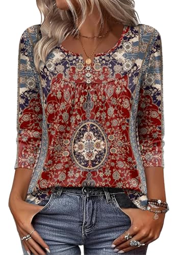 Zeagoo 3/4 Sleeve Shirts for Women Ladies Tops and Blouses Red Floral Casual V Neck Tee Tshirts 2026 summer Fashion Outfis to Wear with Leggings L