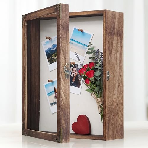 JINGJIAN 11x14 Shadow Box Frame Extra Deep 2.7 Inch Solid Wood Display Case with Shatterproof Acrylic Door Retro Lock 10 Pins for Wedding Bouquet Medals Memorabilia